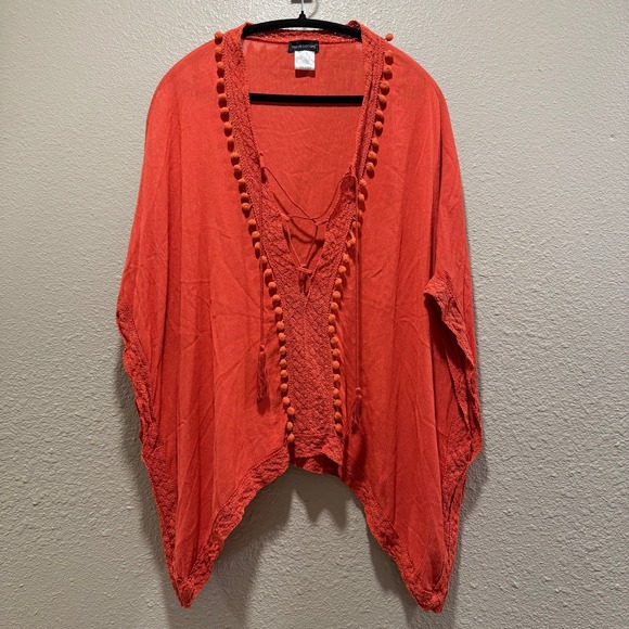 Harve Benard Tops - Harve Benard Womens Burnt Orange Crochet Pom Pom Tassel Poncho Top One Size